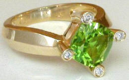 Cushion Cut Peridot Diamond Ring in 14k in 14k yellow gold