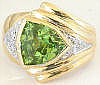 Trillion cut Peridot Ring with diamond accents in 14k yellow gold