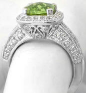 Vintage Cushion Cut Peridot Diamond Engagement Ring in 14k white gold