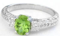 Vintage Style Peridot and Ova Diamond Ring in 14k white gold