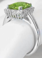 Radiant Cut Peridot and Diamond Rings in 14k White Gold