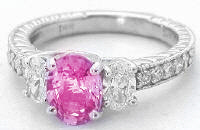 Vintage Pink Sapphire and Oval Diamond Engagement Ring in 14k white gold 