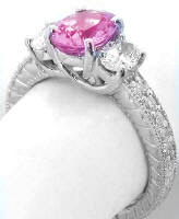 Estate Style Pink Sapphire and Oval Diamond Engagement Ring in 14k white gold 