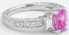 Vintage Style Emerald Cut Pink Sapphire Diamond Rings in 14k gold