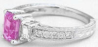 Engraved Milgrain Vintage Style Pink Sapphire Diamond Ring in 14k white gold