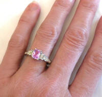 Hand Picture of Pink Sapphire and Baguette Diamond Ring in 14k white gold