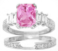 Round natural pink sapphire band ring in 14k white gold