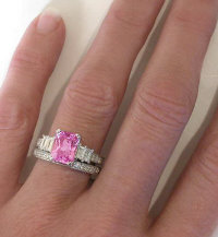 Antique Pink Sapphire Baguette Diamond Engagement Ring in 14k white gold