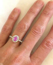 Pink Sapphire and Diamond Halo Rings in 14k white gold