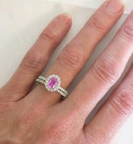 Pink Sapphire Diamond Halo Ring in 14k white gold