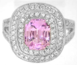 Large Natrual Light Pink Sapphire Ring with and Real Double Diamond Halo in 14k whte gold