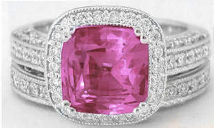 Rare 4.02 ctw Cushion Cut Pink Sapphire and Diamond Engagement Ring in 14k