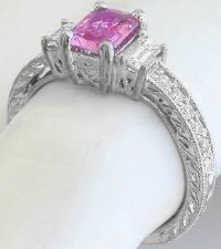 Vintage Style Emerald Cut Pink Sapphire Diamond Ring in 14k white gold