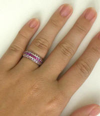 Hand View of Pink Sapphire Anniversary Ring and Wedding Ring