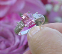 Natural Cushion Cut Pink Sapphire Ring with Real Princess Cut Diamonds in 14k white gold. Genuine Sri Lankan Ceylon Sapphire.