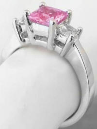 Three Stone Princess Cut Pink Sapphire and White Sapphire Ring in 14k