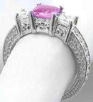 Three StonePrincess Cut Pink Sapphire and Diamond Ring in 14k white gold