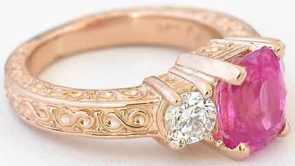 Cushion Cut Pink Sapphire and Round Diamond Three Stone Ring in 18k