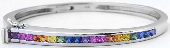 14k white gold Natural Princess Cut Rainbow Sapphire Bangle Bracelet -fits like a 7 1/2" 