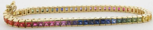 Princess Cut Rainbow Sapphire Bracelets in Channel Setting in 14k yellow gold