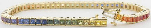 Exceptional Princess Cut Rainbow Sapphire Bracelets in 14k yellow gold