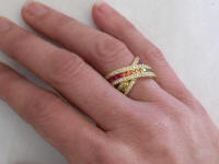Wide Band Rainbow Sapphire and Diamond Rings in 14k yellow gold
