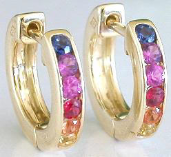 Rainbow Sapphire Huggie Hoop Earrings in 14k yellow gold