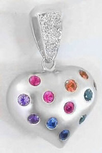 Rainbow Sapphire and Diamond Puffed Heart Pendant in 14k white gold