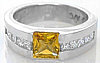 Yellow-Orange natural Sapphire & Diamond Tank Ring in 14k white gold