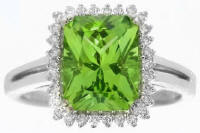 Radiant Cut Peridot and Diamond Halo Ring in 14k white gold