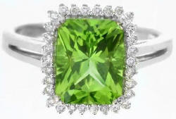 Radiant Cut Peridot and Diamond Ring in 14k white gold