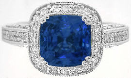 Cushion Cut Madagascar Blue Sapphire and Diamond Ring in 14k white gold