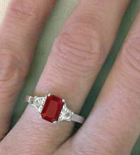 Emerald Cut Burmese Ruby Ring with Trapezoid Size Diamonds with GIA certificate