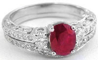 Antique Ruby Engagement Ring and Wedding Band in 14k White Gold
