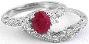 Burmese Ruby and Diamond Engagemet Ring and Band in 14k white gold