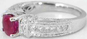 Genuine Burmese Ruby and Oval Diamond Ring in 14k white gold