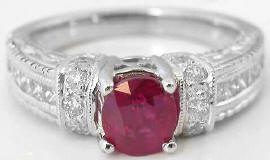 Natural Oval Burmese Ruby and Princess Cut Diamond Ring  in 14k white gold