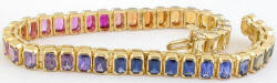Bezel Set Radiant Cut Rainbow Sapphire Bracelets in 14k yellow gold