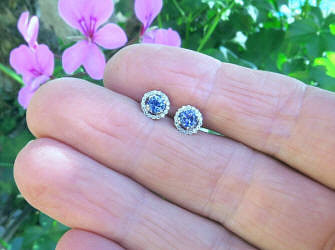 Natural cornflower blue sapphire and diamond halo stud earrings in 14k white gold for sale