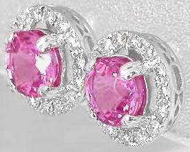 Pink Sapphire and Diamond Halo Earrings in 14k white gold