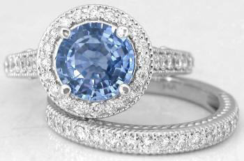 8mm Round Sapphire and Diamond Halo Engagement Ring in 14k white gold