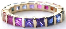 Natural 3mm Princess Cut Rainbow Sapphire Eternity Ring in 14k