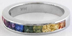 Princess Cut Rainbow Sapphire Rings in 14k white gold