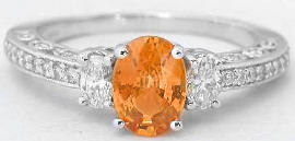 1.46 carat Natural Orange Sapphire and Diamond Encrusted Ring in 14k k white gold