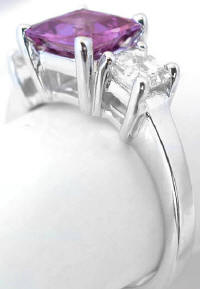 Square Cut Magenta Sapphire and Princess Cut White Sapphire Three Stone Ring