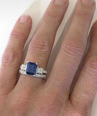 Emerald Cut Sapphire and Baguette Diamond Engagement Ring and Wedding Band