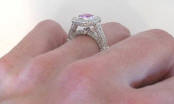 Bezel Set Cushion Cut Pink Sapphire and Diamond Rings in Platinum