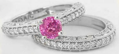 Natural Round Pink Sapphire and Diamond Engagement Ring and Matching Band Set in 14k white gold