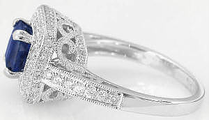 Ceylon Cushion Blue Sapphire Double Diamond Halo Ring in 14k white gold