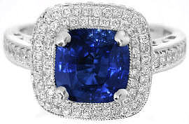 Ceylon Cushion Blue Sapphire and Diamond Ring in 14k white gold